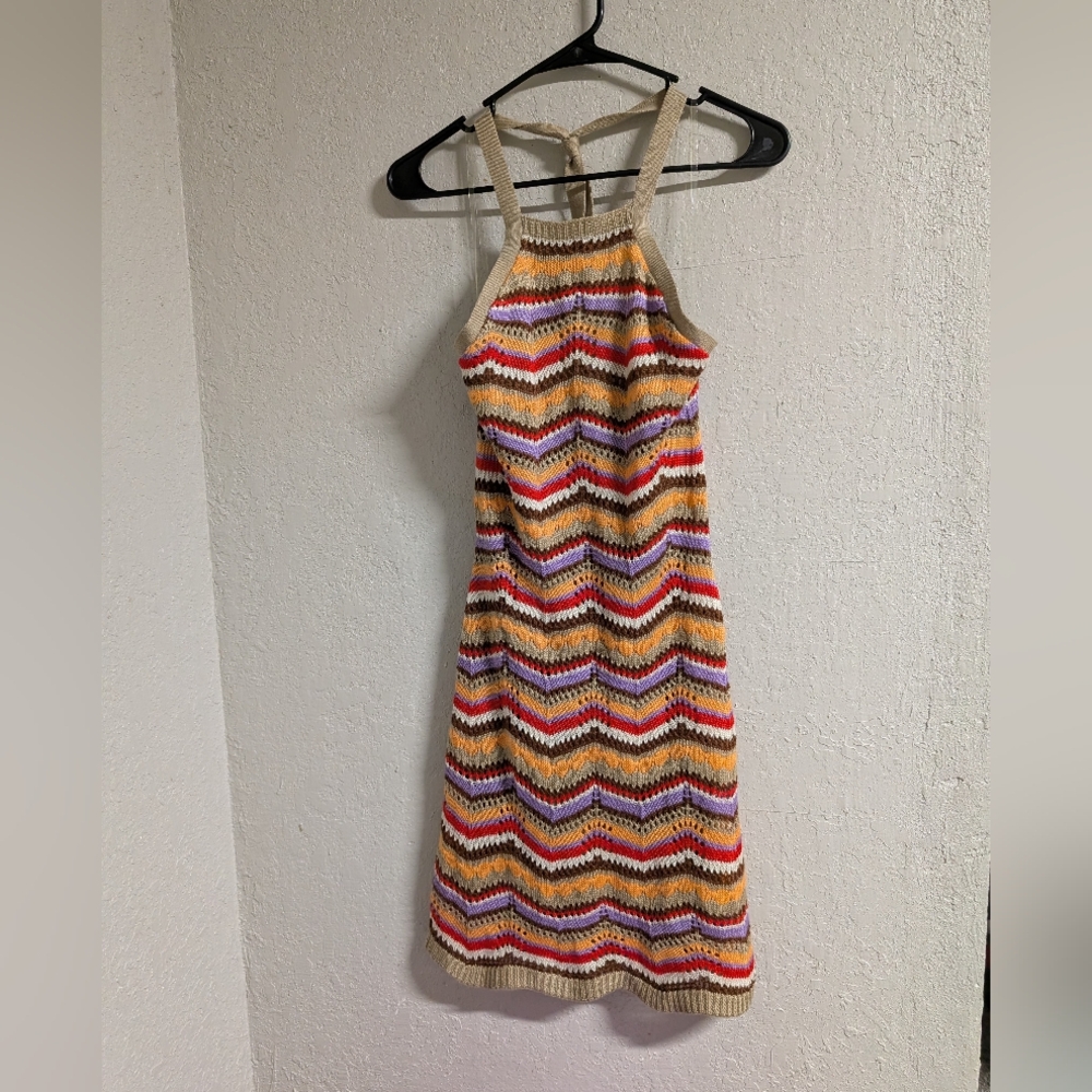 SO Halter Crochet Midi Dress S Chevron MultiColor Tie Back